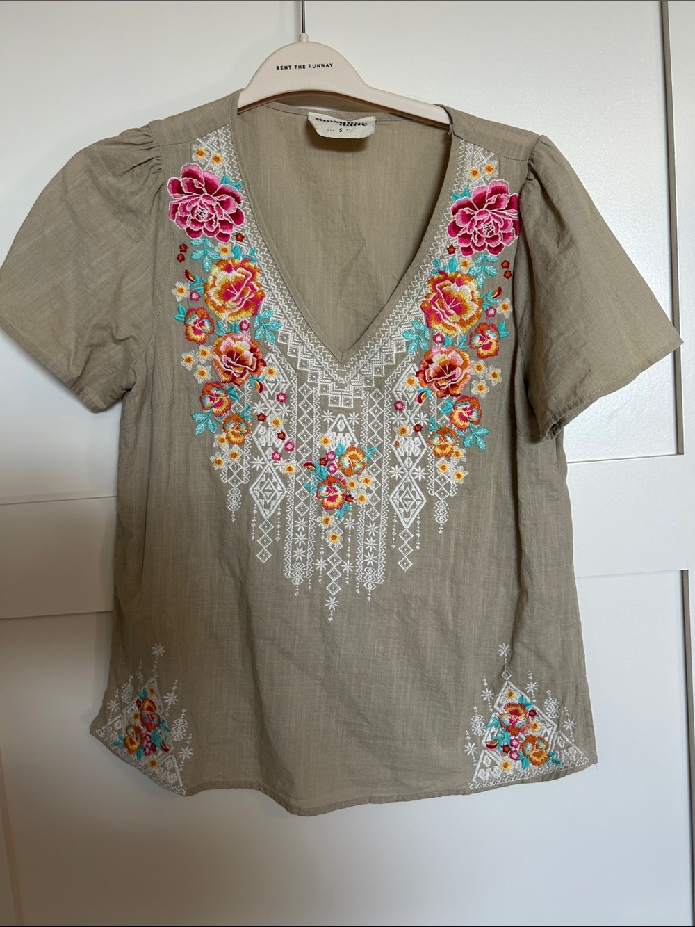 Savanna Jane Olive V-Neck Blouse with Multicolor Floral Embroidery